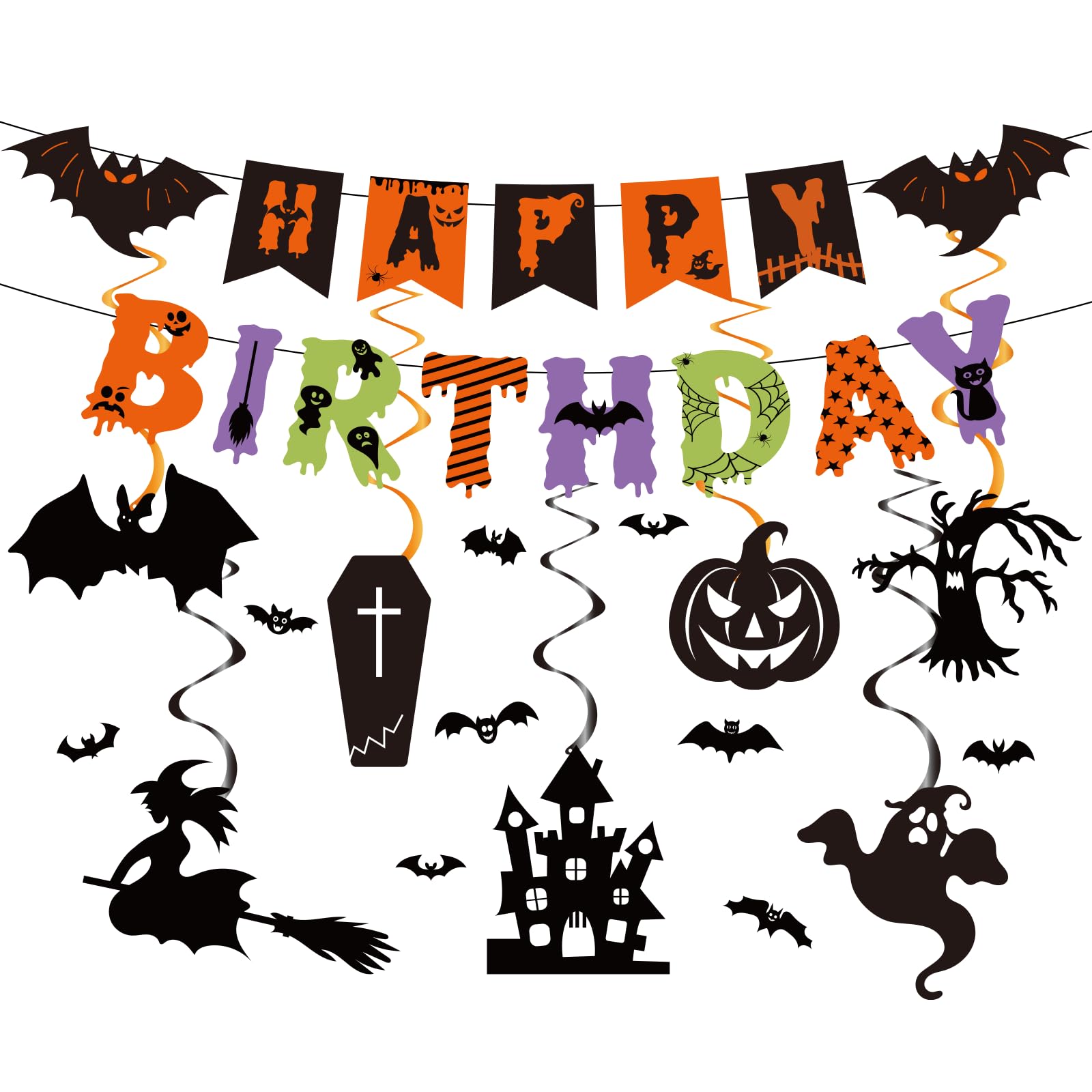 Halloween Happy Birthday Banner Decorations - Hanging Swirls for Home Party — image 1