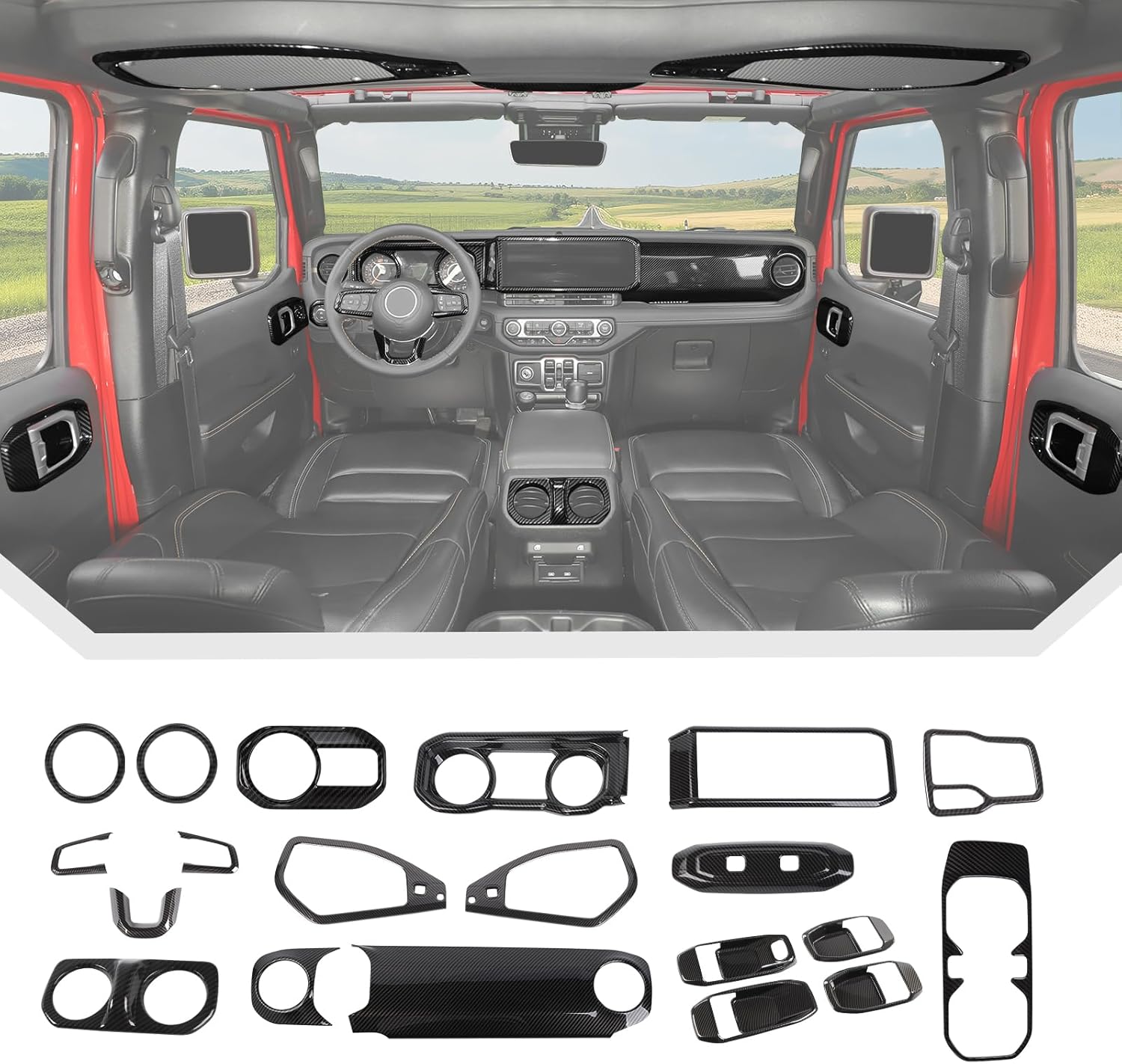 JeCar 20pcs Black Carbon Fiber Interior Accessories Trim Kit for 2024 2025+ Jeep Wrangler JL JLU & Gladiator JT - Center Console Gear Shift Cup Holder Panel, Dashboard Decoration Upgrade