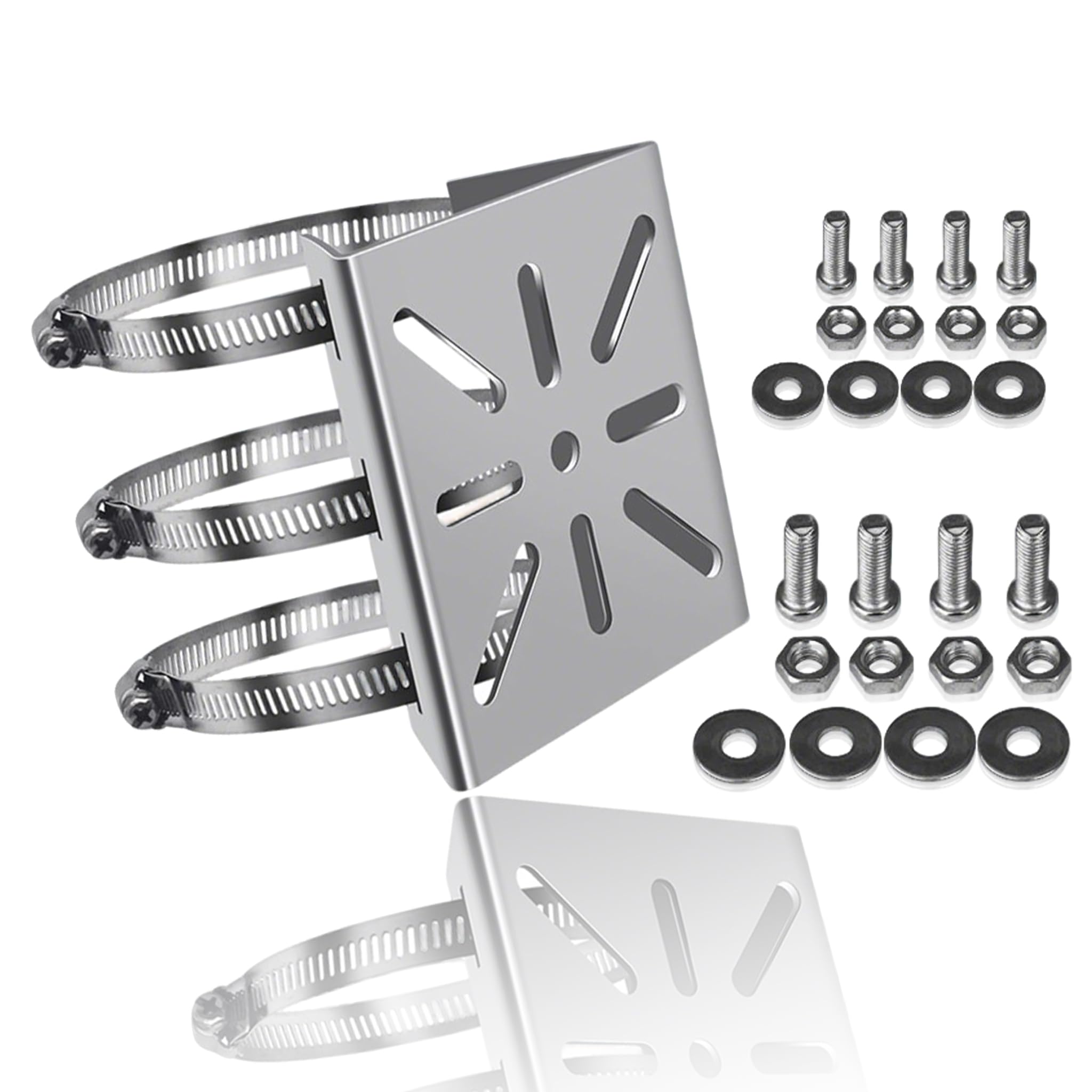 1 set Stainless Steel Universal Vertical Pole Mount for Security Cameras – 3-Loop Pipe Clamps, Heavy-Duty Corner Bracket for LED Walls & Solar Panels (Φ 100 mm)