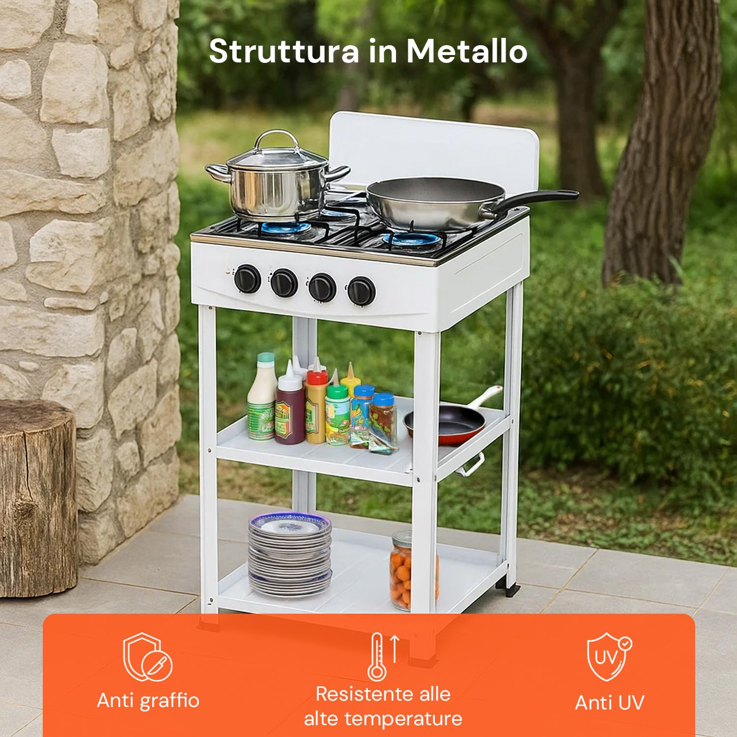 Avilia - Piano Cottura 4 Fuochi Gas per Esterno con Struttura Resistente in Metallo, Ripiani Laterali in Acciaio, Collegamento Bombola GPL, Ideale per Campeggio e Grigliate (Bianco)