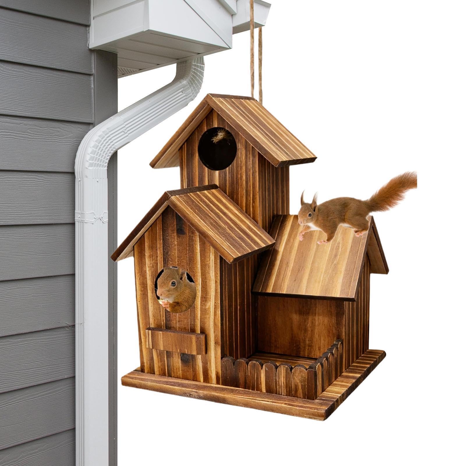 Distributeur de Nourriture pour écureuils d'extérieur | Station d'alimentation en Bois à Trois Compartiments pour l'extérieur - Station de Nourrissage pour Jardin, Arbre avec Toit Flexible | pour