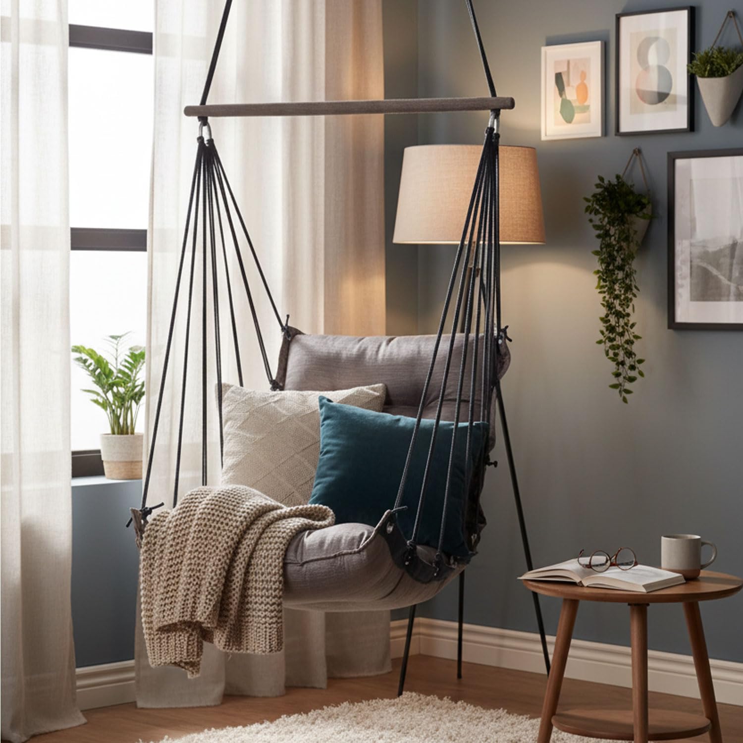 JULJULIA Swing for Balcony Comfortable Cotton Swing Relaxing Jhula for Adults for Home Indoor Outdoor Hanging Seat for Apartment Patio Terrace Garden- 200 kg Weight Capacity - JJ Low K Light Coffee 3