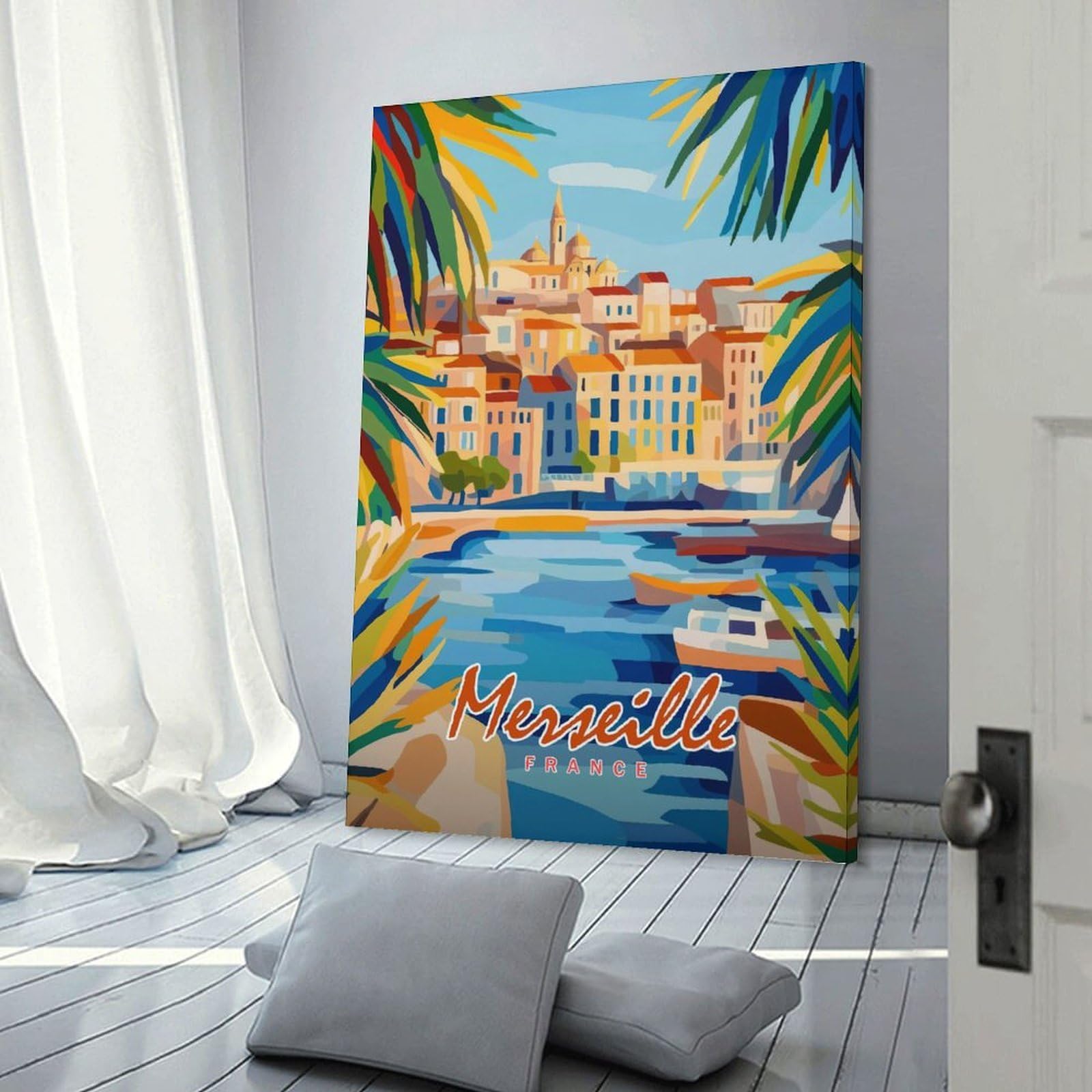Junmoney Frame-Style-11 Marseille Cityscape Home Decor Wall Art, 24X36inch(60X90cm), For Apartments, Flats Or New Home Decor, An Easy Choice For New Home Styling
