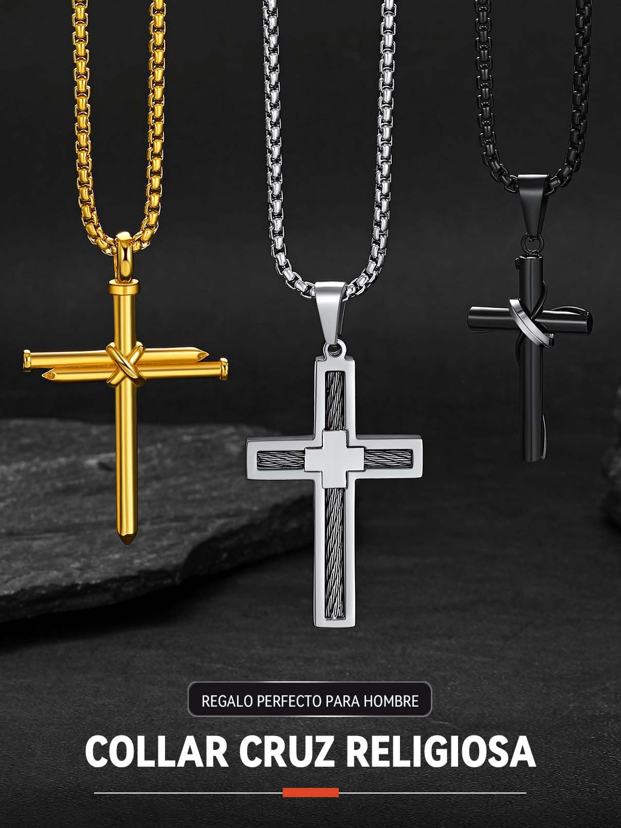 FaithHeart Colgante Cruz Hombre Collar Acero Inoxidable 316L Colgantes Cruces Impermeable Plateado/Dorado/Negro Cadena Eslabones 55cm+5cm Joyas Hombres con Caja de Regalo