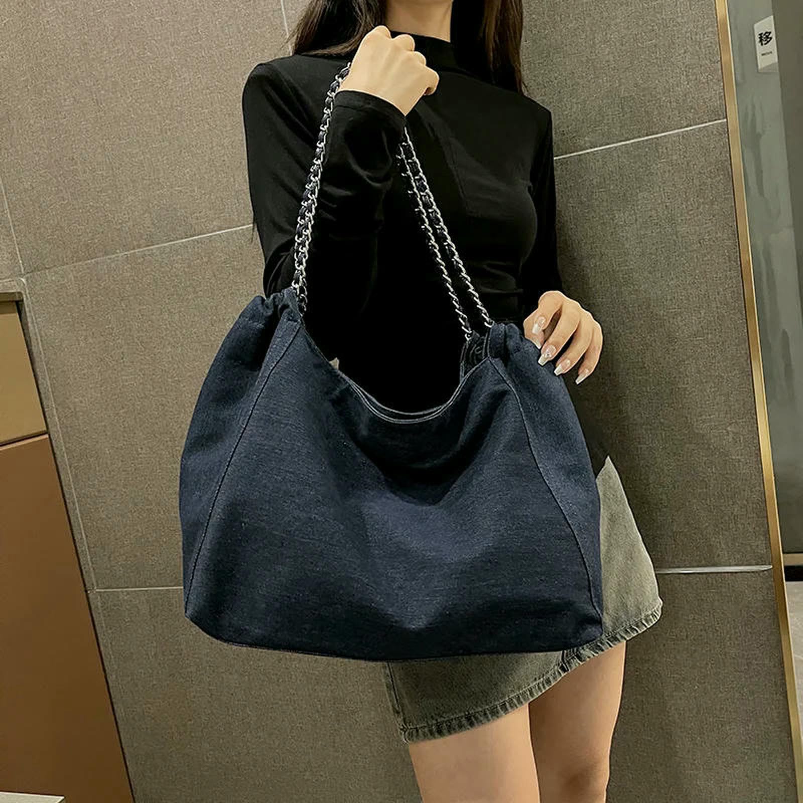 Handtasche Jeans-Schultertasche mit Kette – Chic Shopper-Tasche mit großer Kapazität, Luxus-Designer-Style-Shopper für Frauen