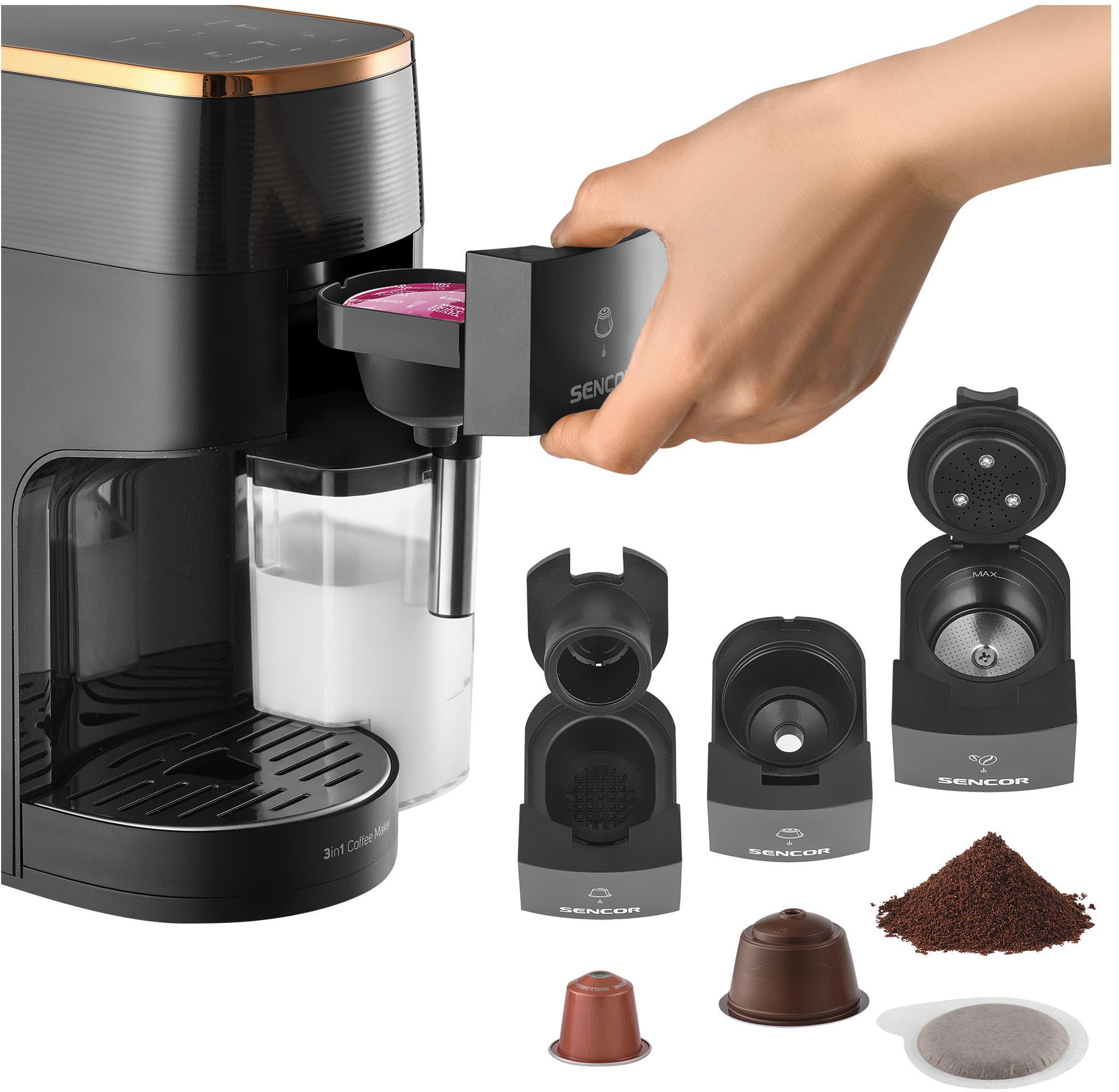 Sencor SCC 3000BK Macchina da Caffè 3 in 1, Multi-Capsula, 19 Bar, Display LED Touch, 1450W, Nero
