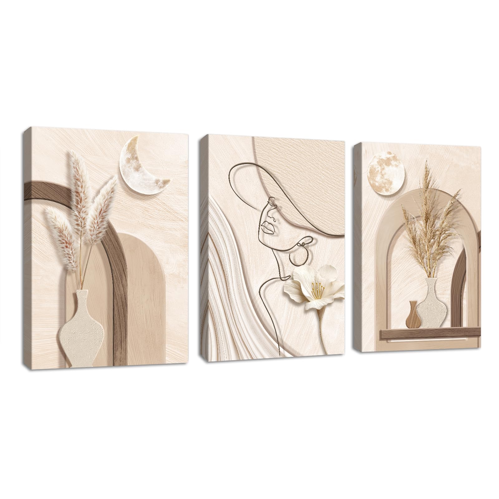 3 Pcs Abstrakt Tan Creme Geometrie Pflanzen Leinwand Bilder Mit Rahmen, Neutral Beige Schilf Bild Auf Leinwand Schlafzimmer Minimalistisch Frau Silhouette Wandbilder Wanddeko für Wohnzimmer 40X60cmX3