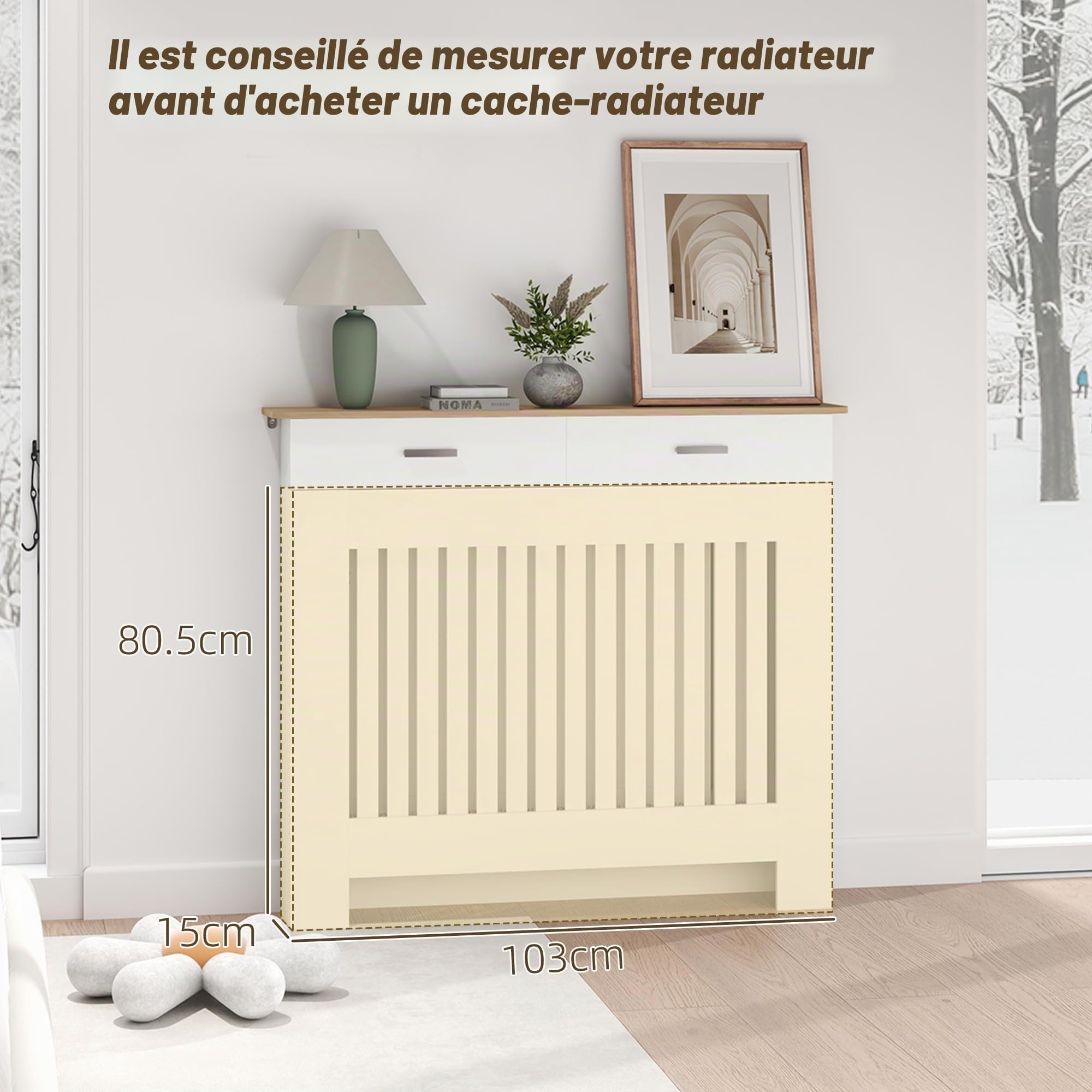HOMCOM Cache-radiateur à lattes anti-inclinaison avec tiroir de rangement, Cache-radiateur en bois, 112x19x97 cm, Blanc