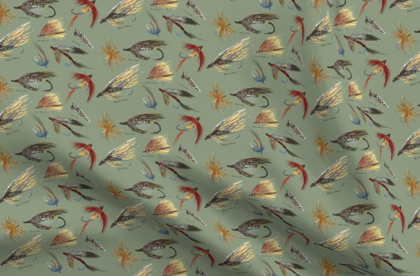 Spoonflower Fabric - Fly Fishing Lures Man Cave Outdoors Men Olive Green Neutral Vintage Printed on Petal Signature Cotton Fabric by The Yard - Sewing Quilting Apparel Crafts Decor
