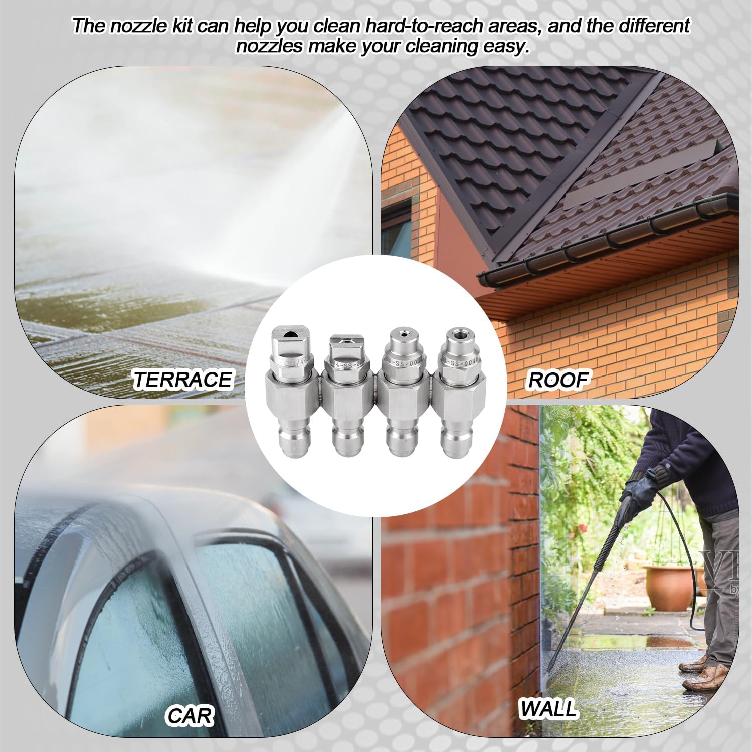 Washing Tip Holder for 4 GPM Pressure Washer, 4 Way Spray Modes Pressure Washer Nozzle Stainless Steel Power Washing Tips for Quick Connecting Pressure Washer Accessories