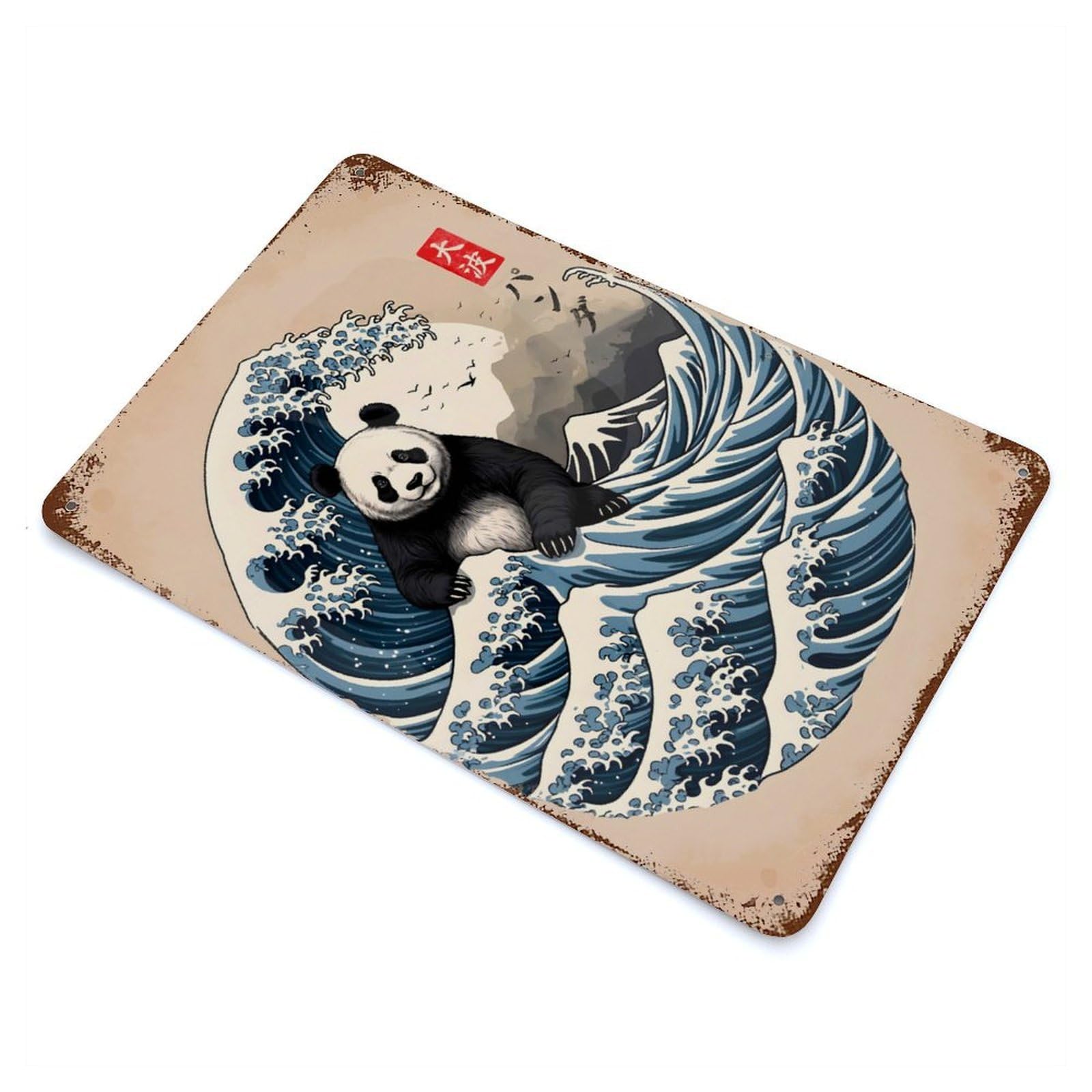 Distressed Metal Wall Sign Panda Great Wave 11.8"x7.9", Vintage Wall Decor for Cafe, Home Bar And Lounge Decor