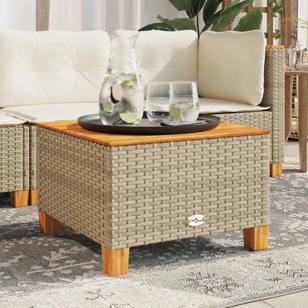 Tavolo da giardino beige, 55 x 55 x 36 cm, in polyrattan, legno di acacia, resistente alle intemperie, per giardino, balcone, terrazza, esterni, campeggio, picnic, salvaspazio, stabile e