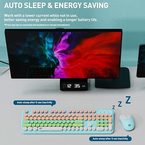 Miniatura 3 de Teclado y mouse inalámbricos, tapa redonda estilo máquina de escribir retro de 2.4 GHz, combo de teclado inalámbrico de tamaño completo, bonito