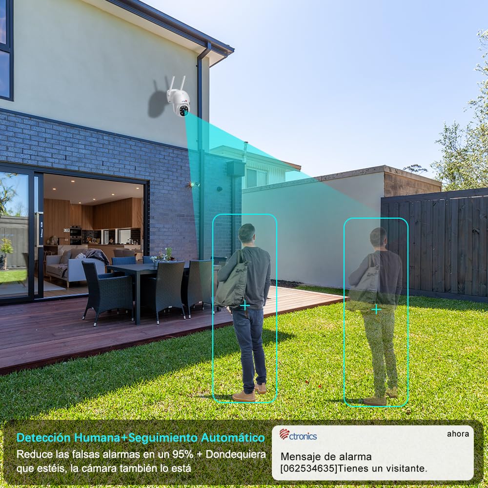 Ctronics Camara Vigilancia Wifi Exterior, 2K PTZ Cámara de Seguridad para el Hogar con Visión Nocturna en Color 30M Detección Humana Seguimiento Automático Audio Bidireccional Negro(2 Piezas) (blanco)
