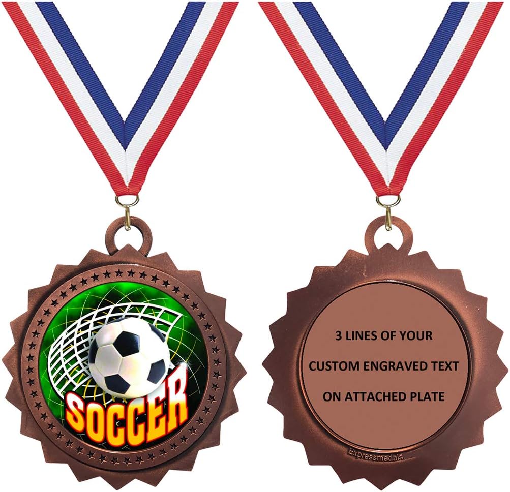 Express Medals 1 to 50 Packs Engraved Personalized Custom Gold Silver Bronze Soccer Medals Trophy Award with Neck Ribbon Medal Trophies LAZD03FCL543