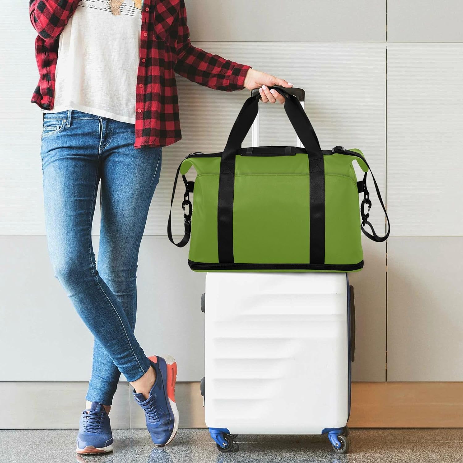 Olive Drab Solid Color Pure Plain Green Travel Tote Gym Bag Carry on Bag with Toiletry Bag for Travel Multifunctional