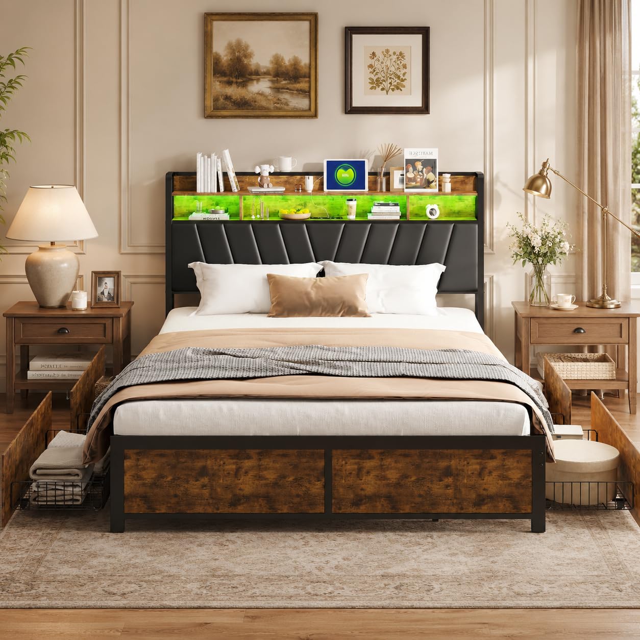 Łóżko podwójne 180 x 200 cm z USB, metalowa rama łóżka z stelażem i zagłówkiem, łóżko do sypialni w stylu vintage, brązowo-czarny, poliuretan, bez materaca (brązowe i