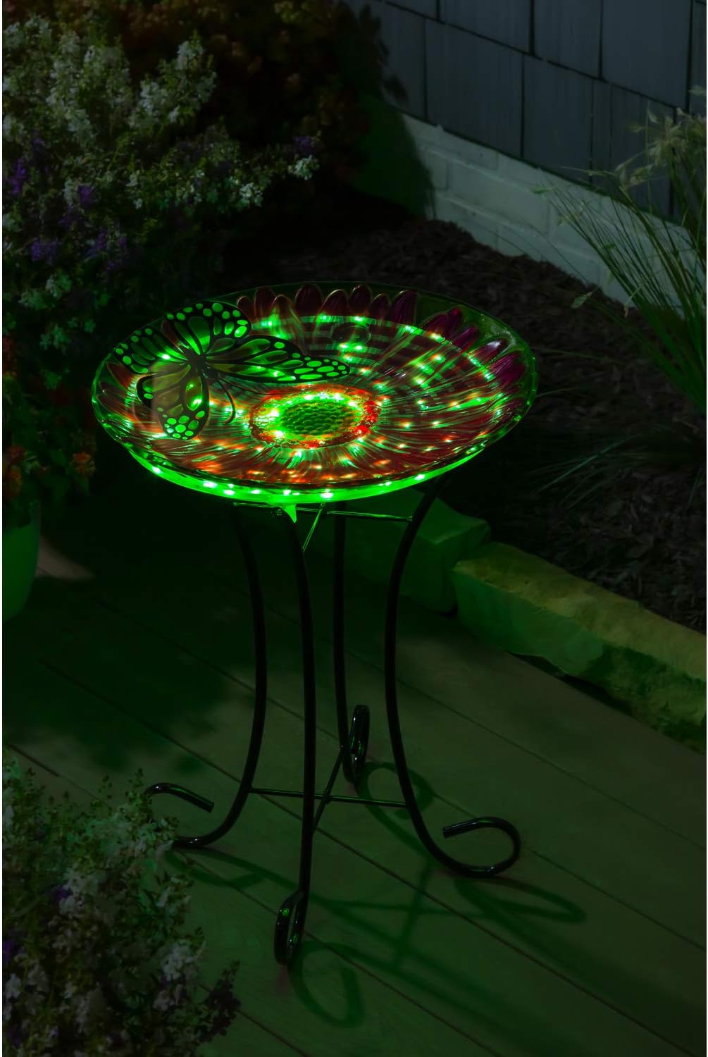 Evergreen Garden Beautiful Summer Butterfly Embossed Glass Solar Bird Bath with Stand - 18 x 18 x 21 Inches Fade and Weather Resistant Outdoor Decoration for Homes, Yards and Gardens