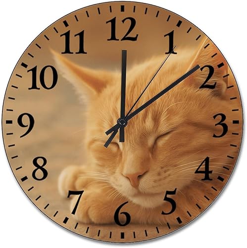 ArogGeld Reloj de pared de gato atigrado naranja durmiente, reloj de pared de madera de gato naranja, funciona con pilas, 15 pulgadas, silencioso,
