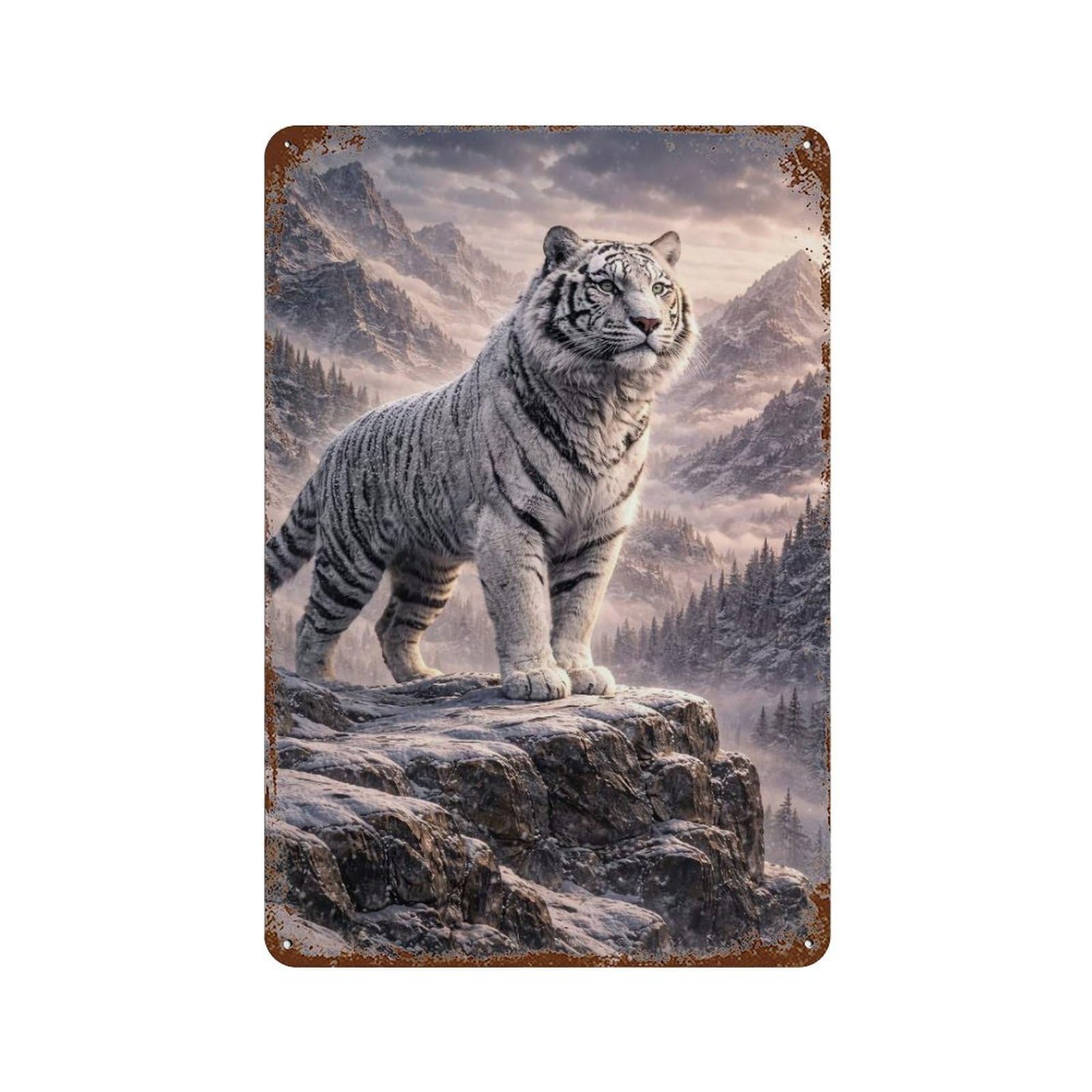 Majestic White Tiger in Mountain Landscape Decorative Tin Sign 11.8"x7.9", for Garage, Bar And Workshop Decor, Novelty Wall Decor