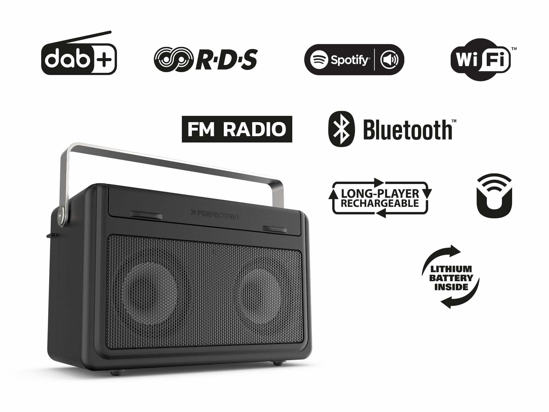 PerfectPro - Radio de astillero (Dab + Altavoz Bluetooth con recepción FM, Cargador y batería de Litio incluidos, Resistente a los Golpes, Radio portátil con Puertos AUX y USB