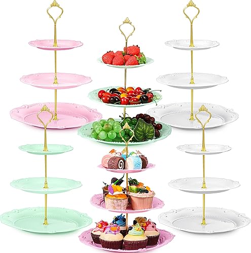 6 juegos de soporte de plástico para cupcakes de 3 niveles, decoración de fiesta de té, platos de postre, torta de frutas y dulces, torre de