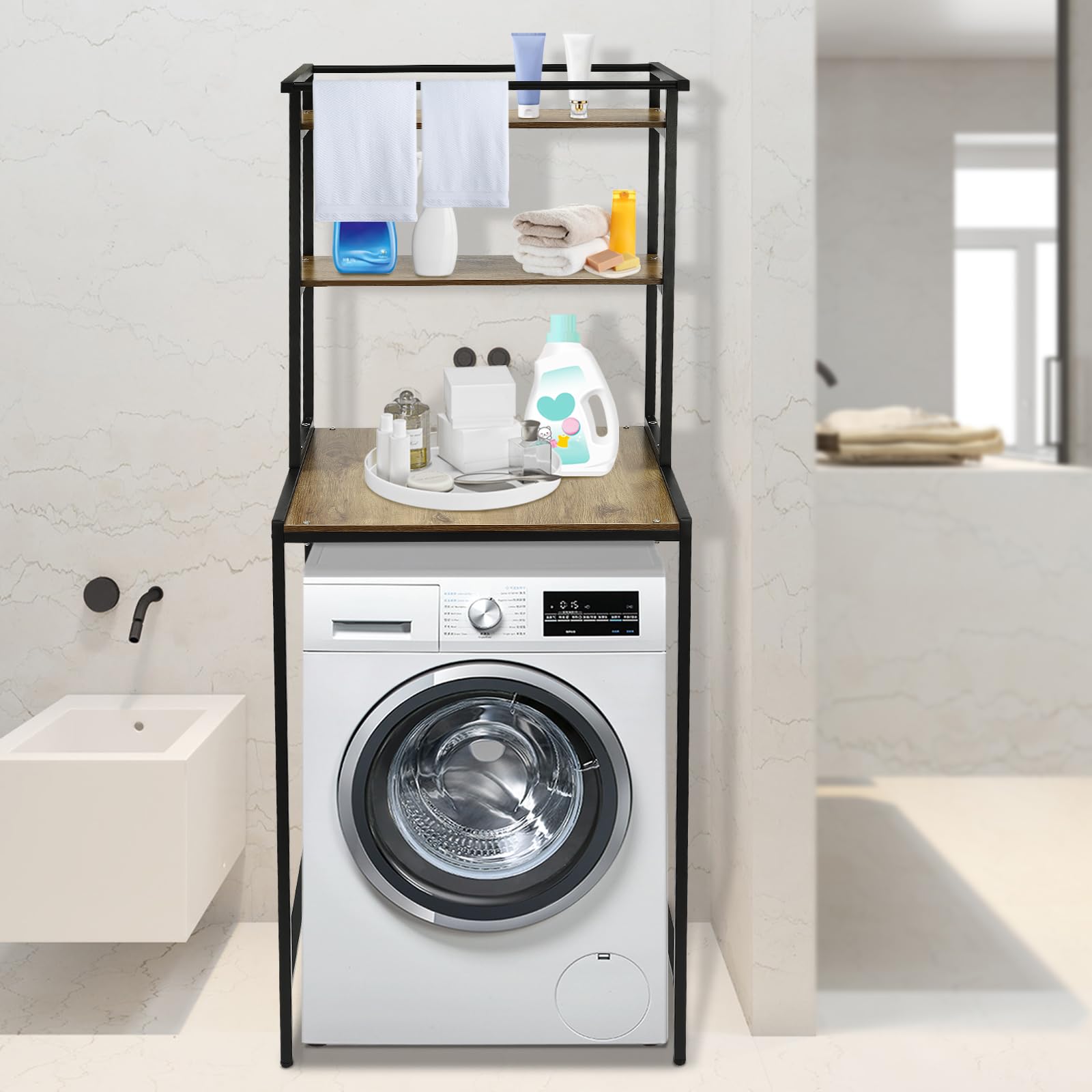 Scaffalatura per lavatrice, asciugatrice, 3 ripiani, portata 22 kg (67 x 60 x 176 cm), per bagno, lavanderia (nero + rovere)