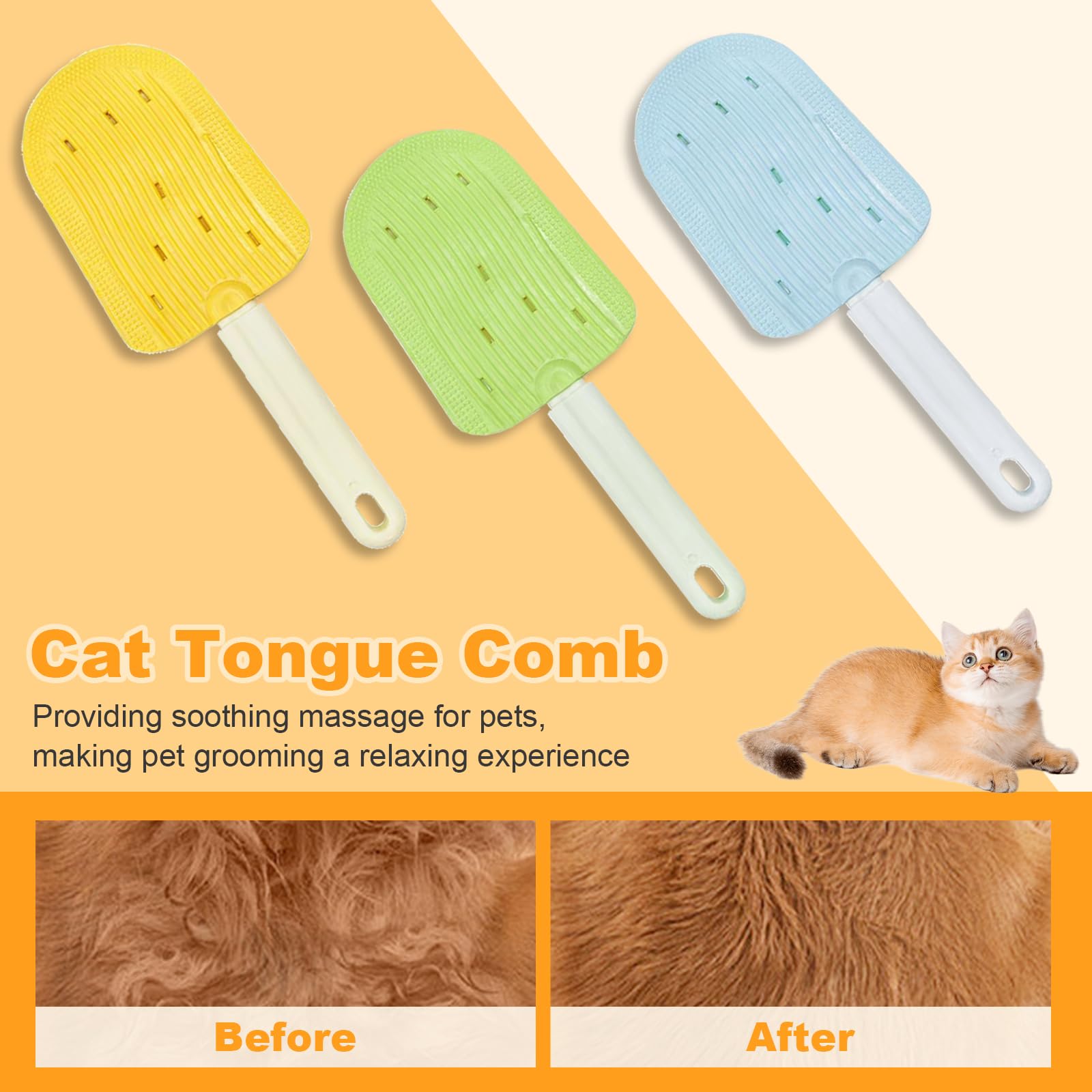 Cat Tongue Comb, Pet Grooming Brush for Cats Shedding Cat Brush for Long Haired Cats, Pet Ice Cream Removal Comb, Shedding and Combing, Easily Removes Fur Reducing Hairballs (Yellow+Blue+Green)