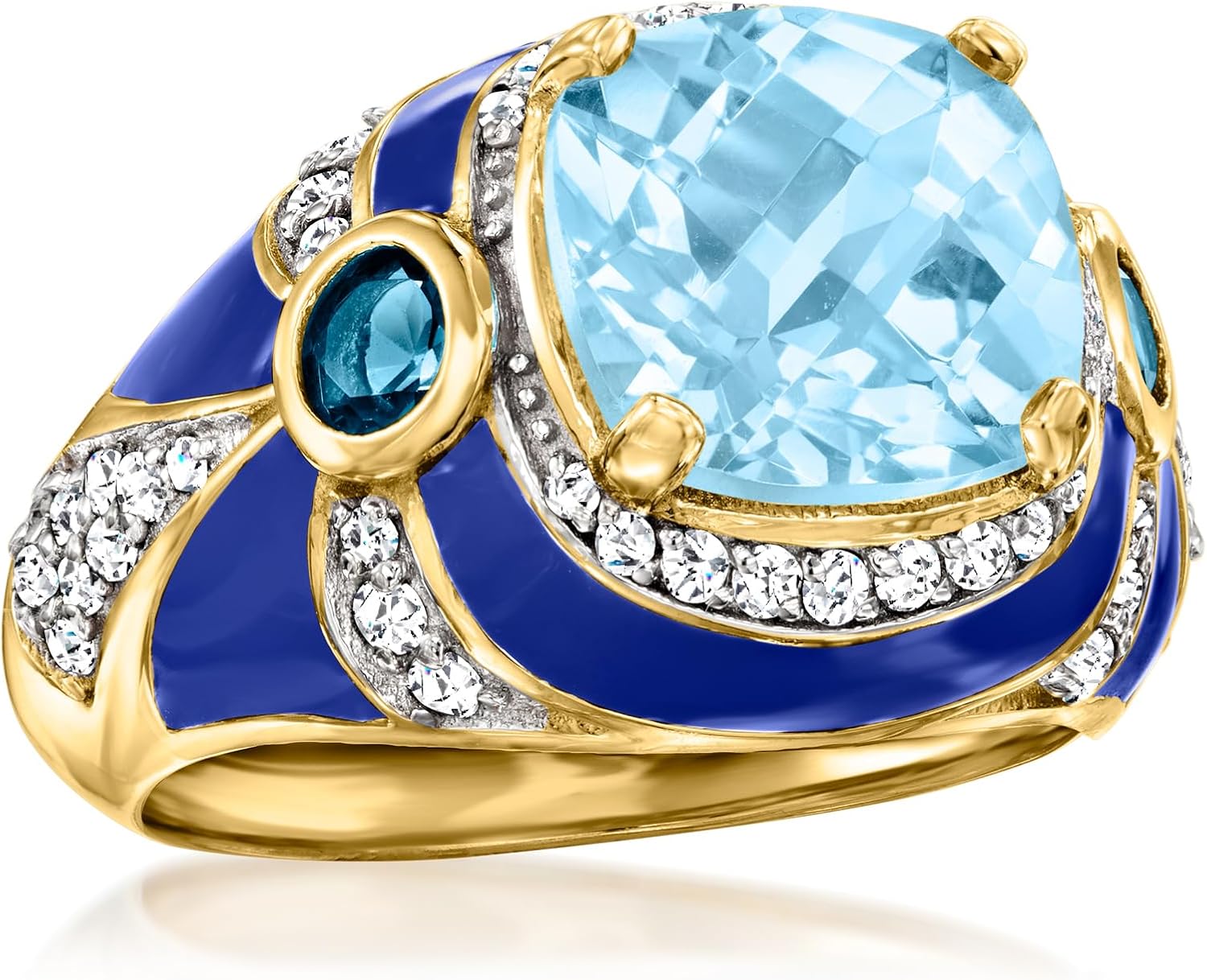 Ross-Simons 4.40 ct. t.w. London and Sky Blue Topaz and .50 ct. t.w. White Zircon Ring With Blue Enamel in 18kt Gold Over Sterling