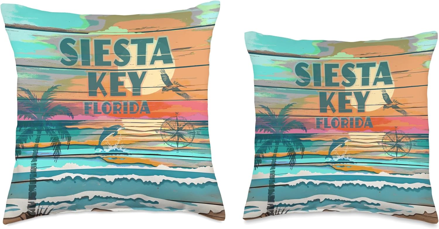 Siesta Key Beach Sunset Florida Rustic Coastal Nautical Throw Pillow