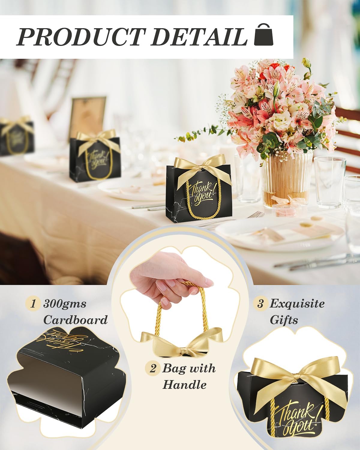 EQOREIIN 30 Pack Small Thank You Gift Bags with Handles 5.5 x 2.4 x 4.7 Inches Mini Black Gift Bags with Bow Ribbon Tiny Party Favor Bag Bulk for Easter Mother's Day Baby Shower Wedding (Black) - Image 3