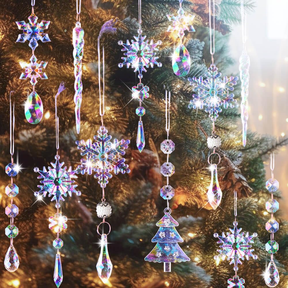 Lanpn 26 Piezas Decoración Navideña Adornos del Árbol de Navidad de Cristal,Colgante Acrílico de Copo de Nieve de Carámbanos para Navidad Invierno Exterior Interior Fiesta Decoración Colorido