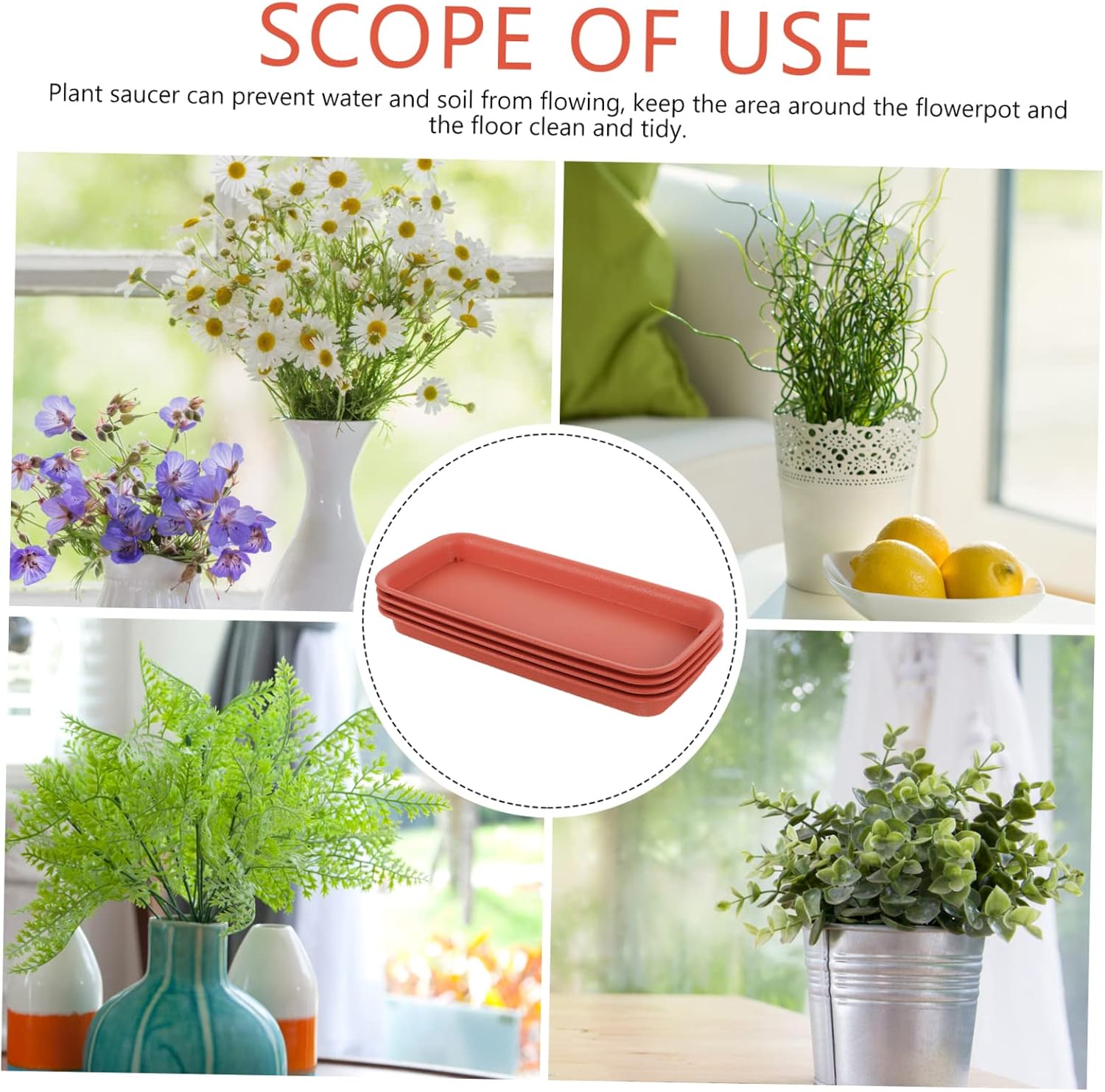 4pcs Leak-Proof Plant Saucers White Base Trays for Indoor/Outdoor Use Rectangle Flower Pot Liners No Holes