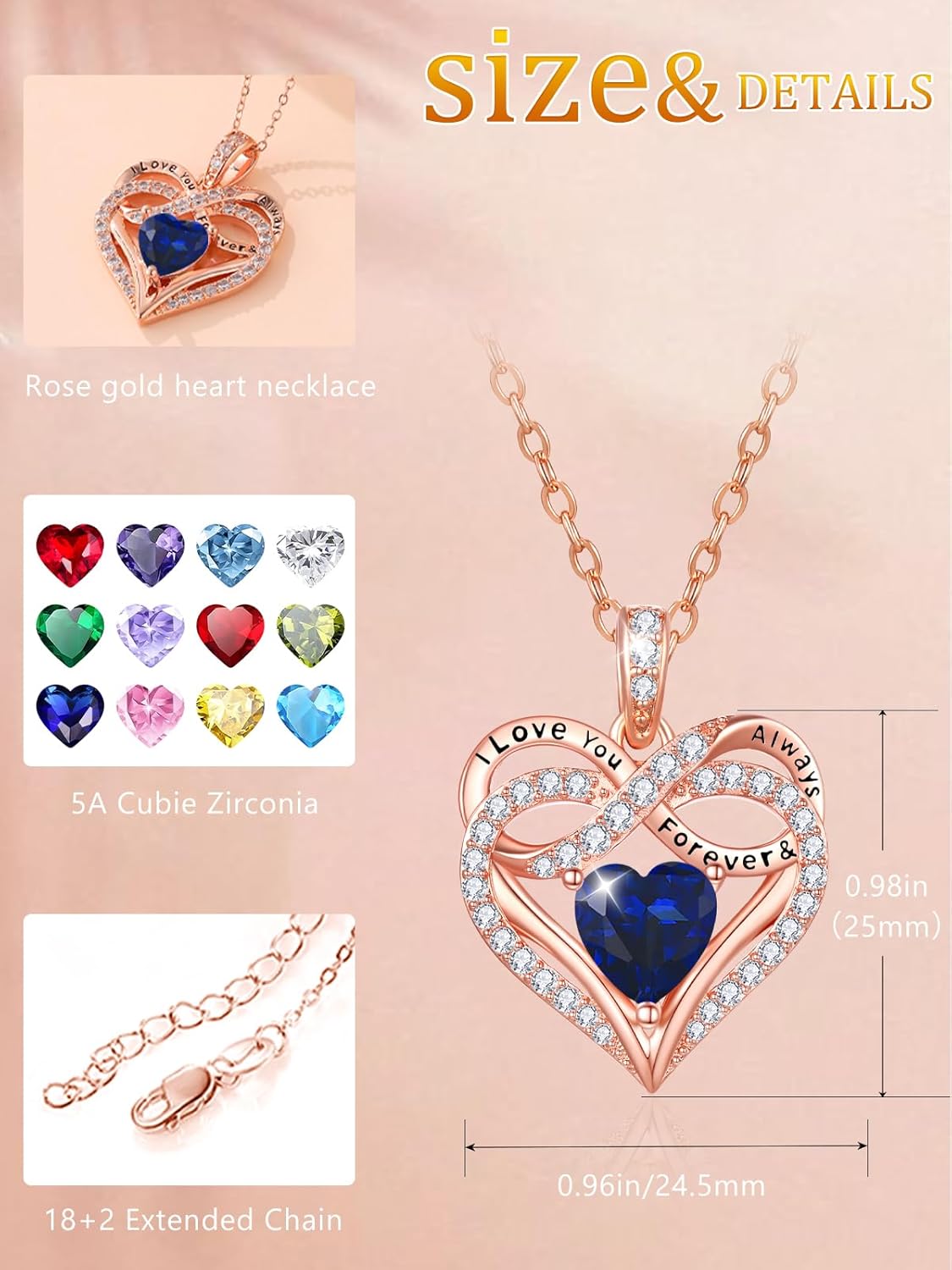 Infinity Rose Gold Valentines Heart Birthstone Necklace for Women,I Love You Always and Forever Jewelry,Valentines Anniversary Birthday Gifts for Her Wife Mom Grandma Daughter - Image 6