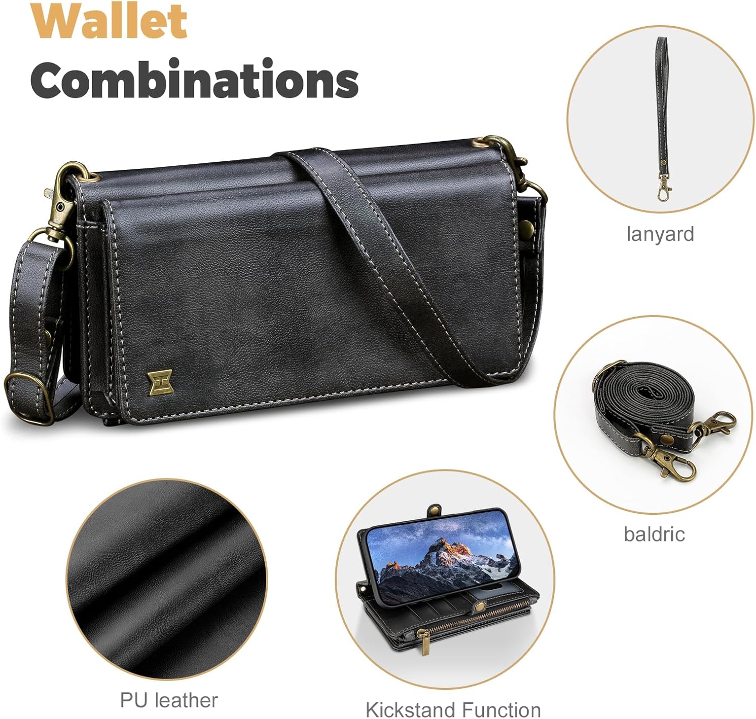 for iPhone 15 Pro Max Wallet Phone Case with 8 Card Holder,RFID Blocking | PU Leather | Kickstand | Flip | Wrist Strap&Shoulder Strap | Shockproof | Zipper Wallet | Women Men | 6.7" | Black - Image 2