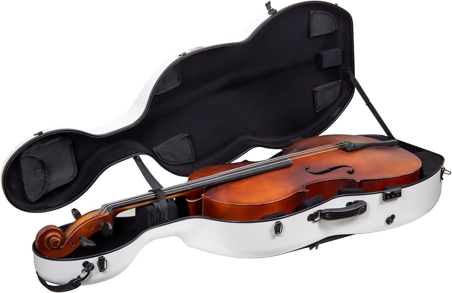 Crossrock Poly Carbon Cello Case for 4/4 Full-Size | Matte White Finish, Black Velvet Interior, Wheels & Bow Storage – Durable Lightweight Hardshell