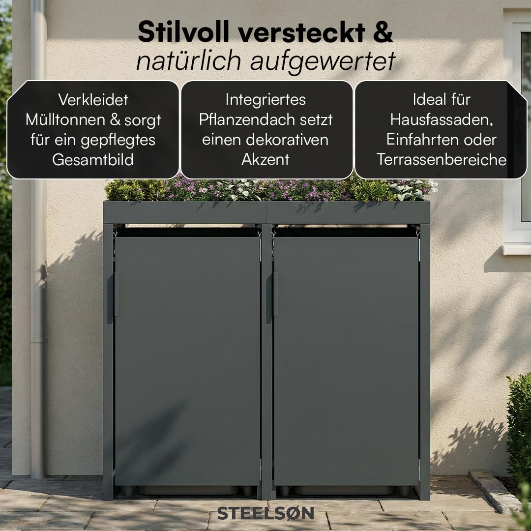 STEELSØN Thoria Mülltonnenbox 2er bis 240L mit Pflanzendach – Mülltonnenverkleidung aus Stahl für 2 Tonnen – Müllcontainer in Anthrazit – Müllbox mit Pflanzenkasten – Gerätebox 125x80x134 cm (HxTxB)