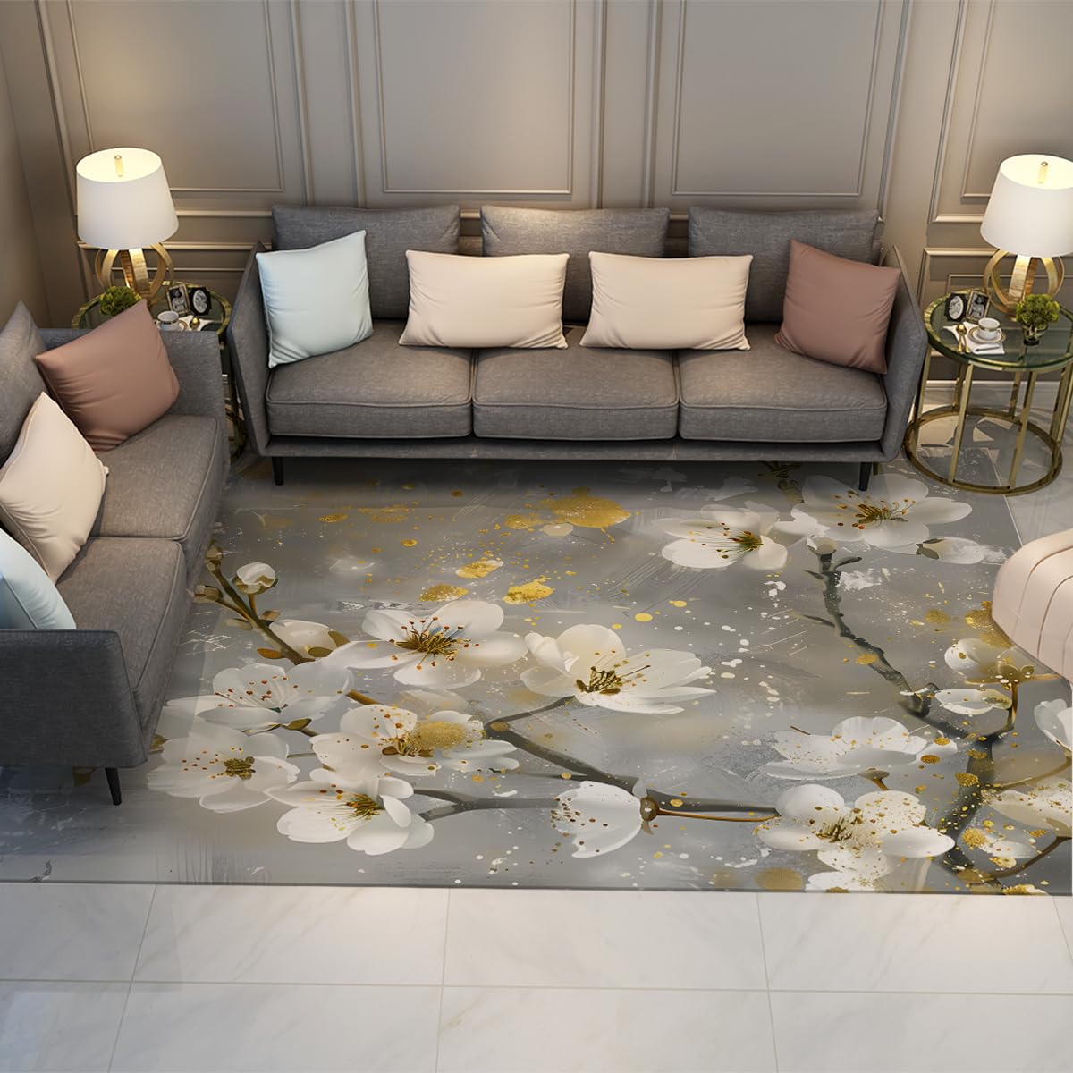Tapis salon fleur blanche sur gris 160x230cm pour chambre élégante
