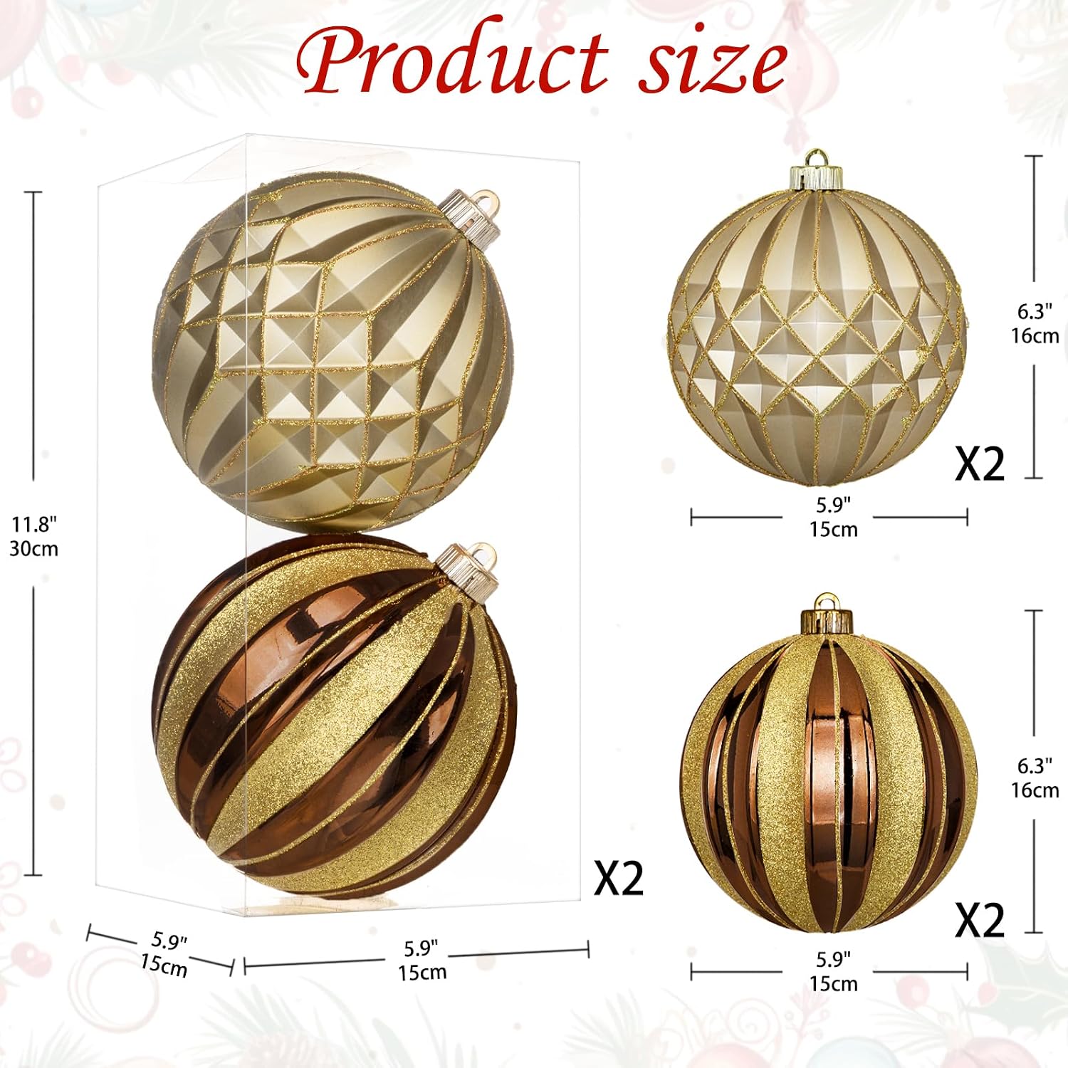 Briful 6'' Extra Large Christmas Ornaments for Trees Decorations, 2PCS Copper Oversized Shatterproof Hanging Balls for Xmas Winter Holiday Wedding Decor, Outdoor&Indoor Decorations