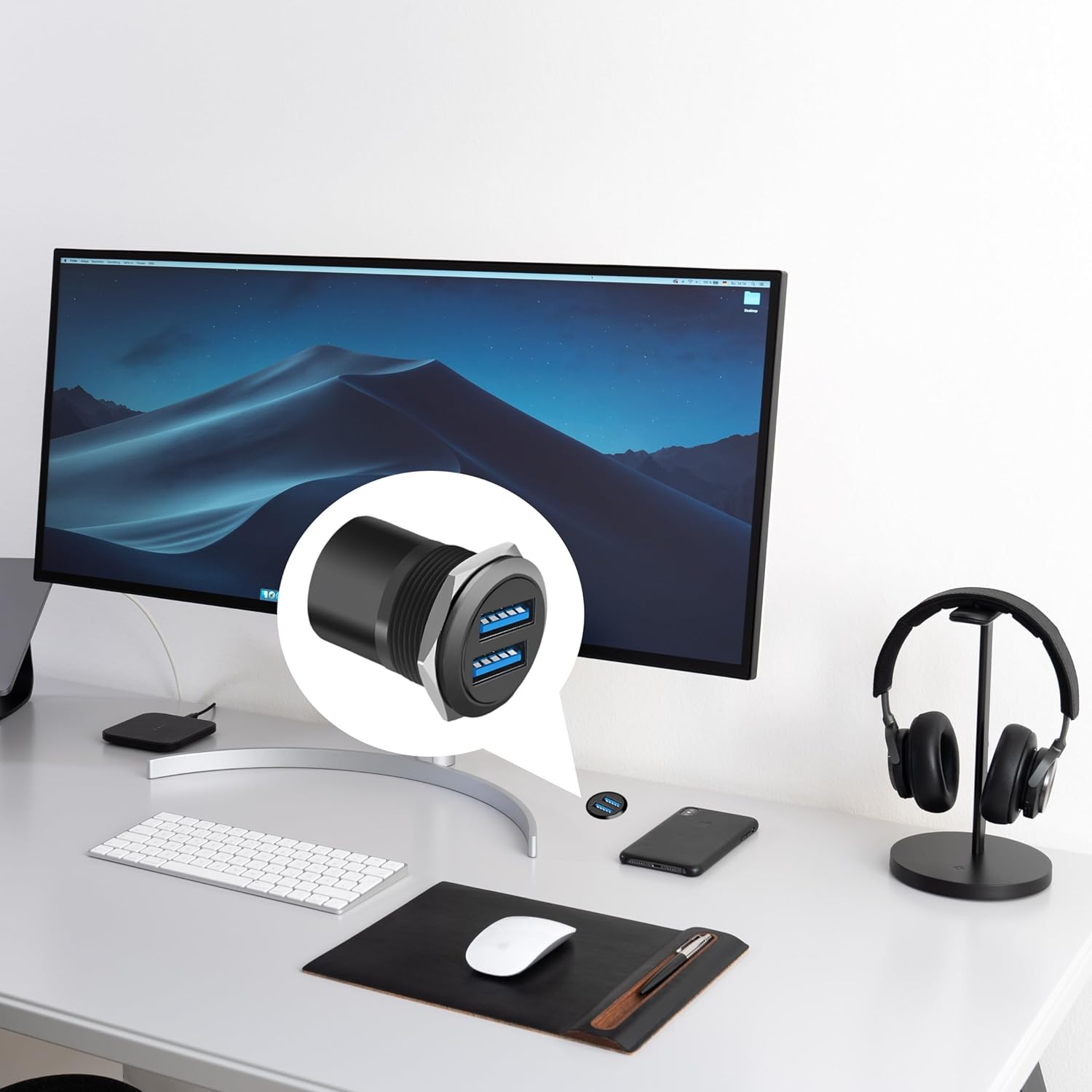 Dual USB 3.0 Panel Mount Adapter - Threaded Round Connector with Waterproof Dust Cover, 2 Female to 2 Female Ports, 5Gbps for High-Speed Data Transfer, 5V 2A for Charging (5-Pack Black)