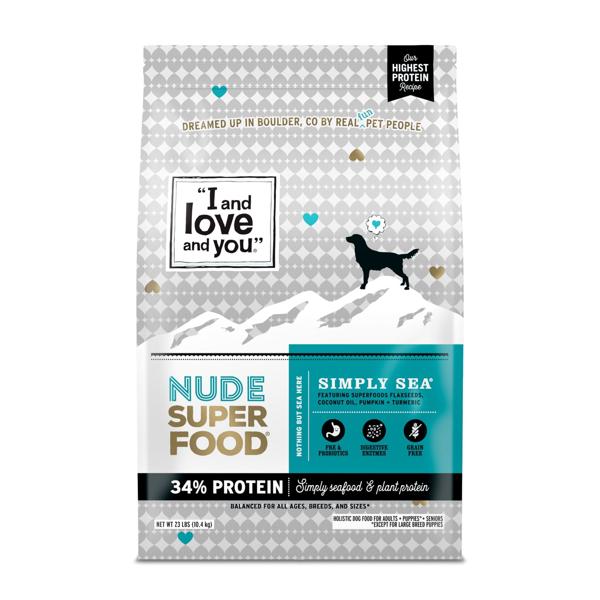 I AND LOVE AND YOU Nude Super Food Dry Dog Food - Salmon + Whitefish - Prebiotic + Probiotic, Grain Free, Real Meat, No Fillers, 23lb Bag