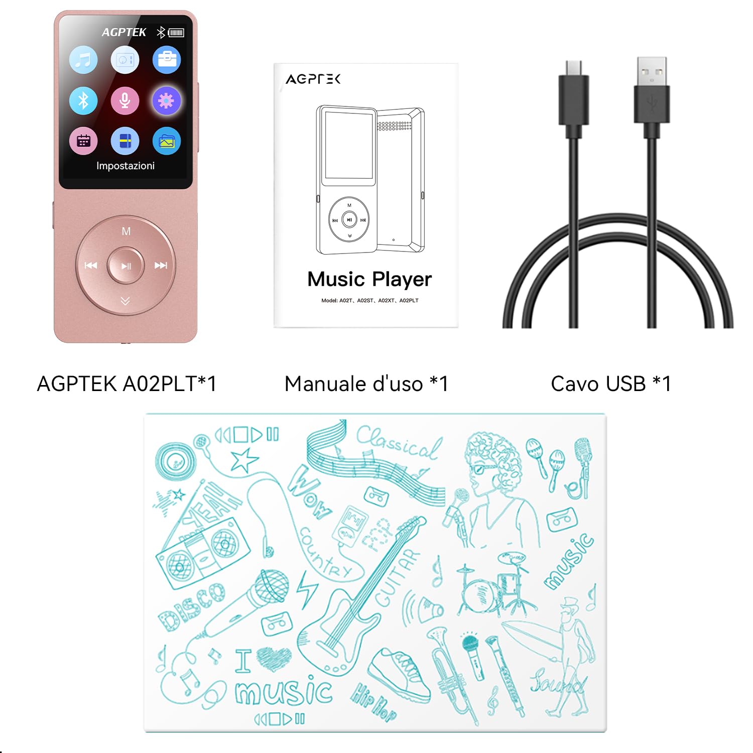 64GB Lettore MP3 Bluetooth 5.3, AGPTEK MP3 Lettore con Altoparlanti Sportivo, Musicale HiFi Lossless Portatile, Radio FM/Registrazione, (Cuffie Non Incluse), Rosa
