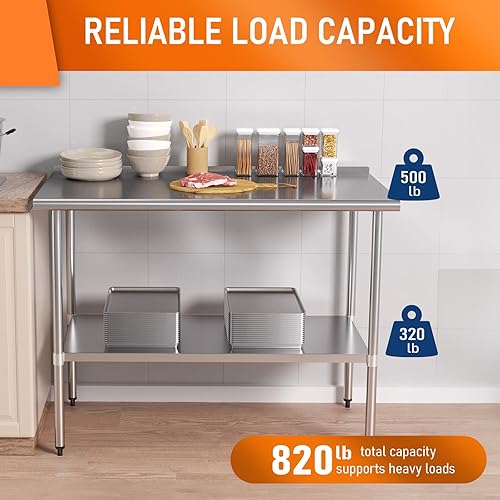 Miniatura 5 de Mesa de preparación y trabajo de acero inoxidable con estante ajustable y salpicadero, isla de cocina con almacenamiento, estaciones de trabajo