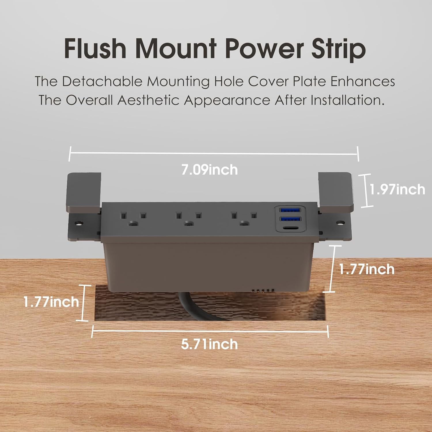 Recessed Power Strip PD20W Fast Charging, Docking Drawer Outlet Kit, Flush Mount Power Strip with 3 USB Ports and 3 AC Outlets, 16 AWG 5 FT Spring Cable, Black