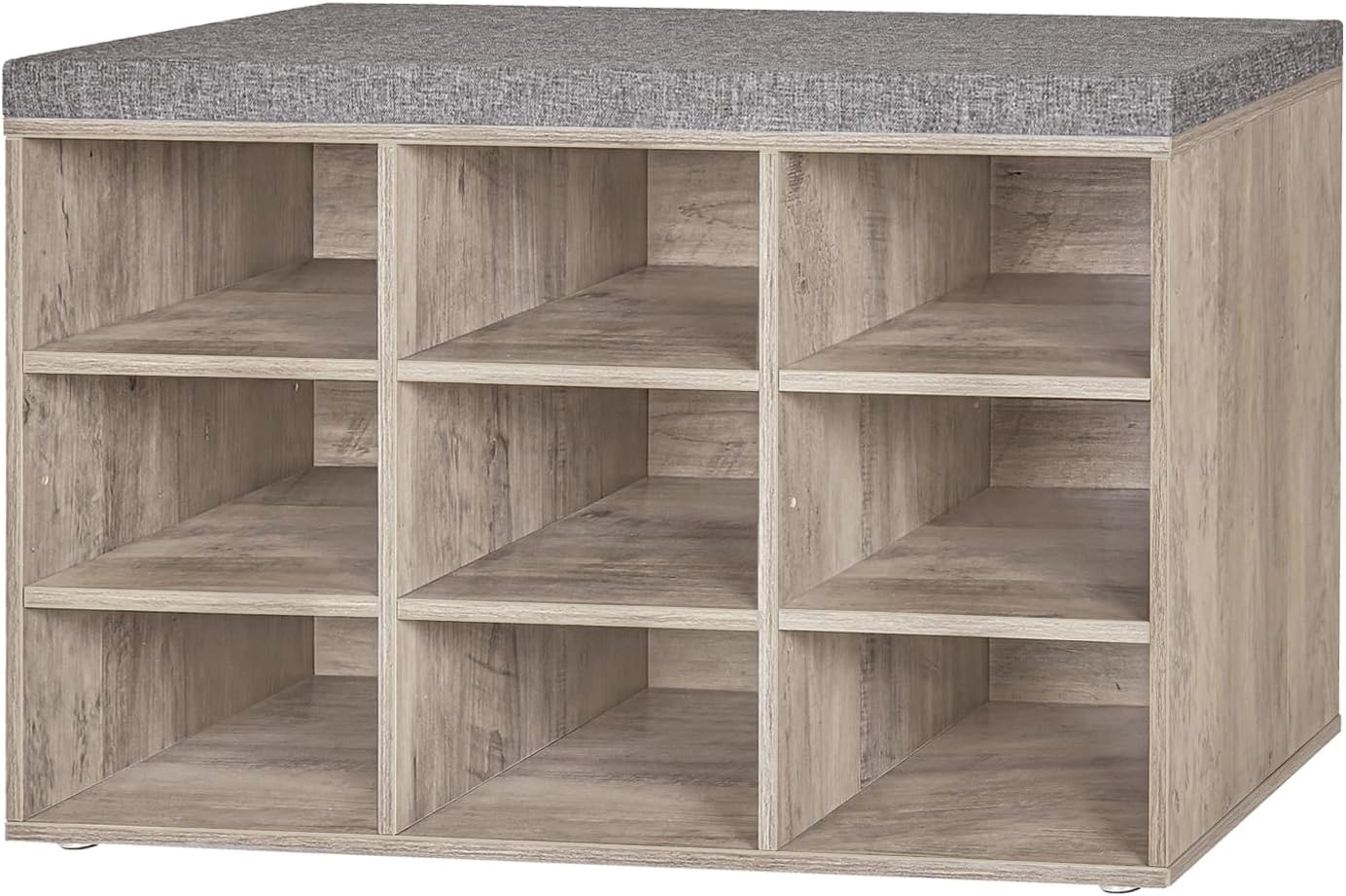 DINZI LVJ Shoe Bench, 9 Cubbies Shoe Organizer for Entryway, Storage Bench with Cushion, Cubby Shoe Rack with Adjustable Shelves for Living Room, Bedroom, Mudroom, Hallway, Greige