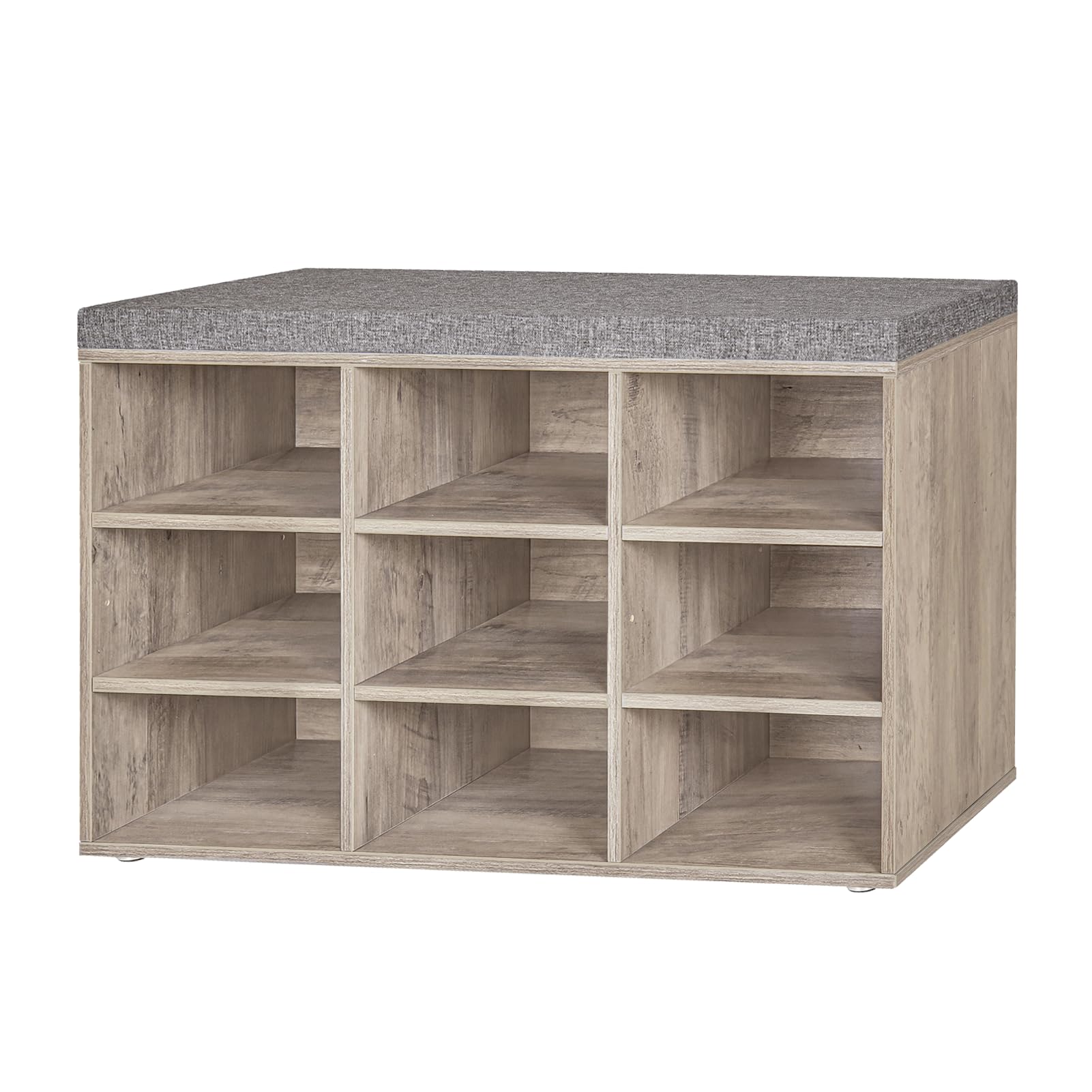 DINZI LVJ Shoe Bench, 9 Cubbies Shoe Organizer for Entryway, Storage Bench with Cushion, Cubby Shoe Rack with Adjustable Shelves for Living Room, Bedroom, Mudroom, Hallway, Greige