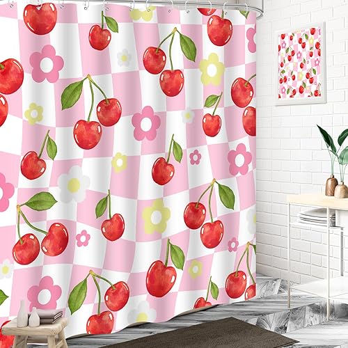 Miniatura 3 de Cortina de ducha de cereza rosa con diseño floral de cerezo para decoración de baño, 72 x 72 pulgadas, lavable de poliéster preppy Funky Groovy