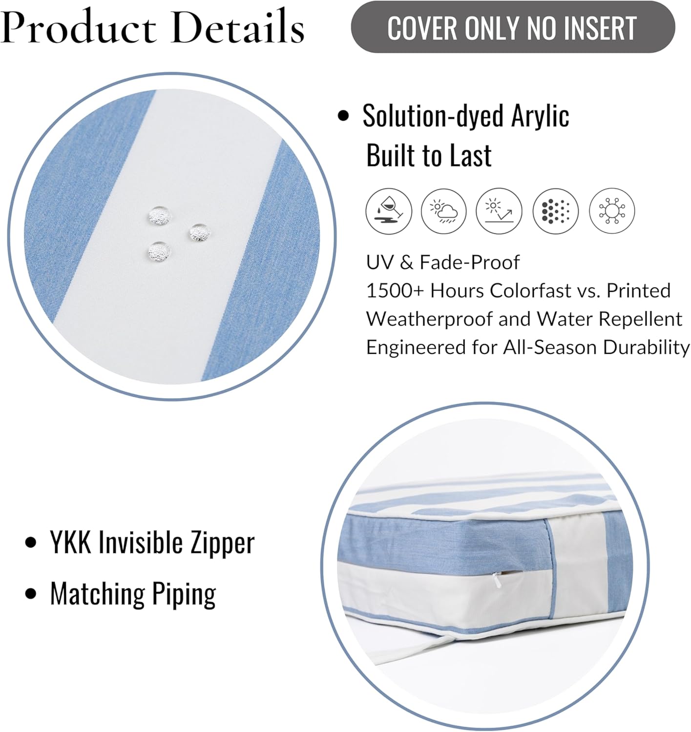 Hofdeco Premium Coastal Hampton Patio Outdoor Seat Cushion Cover Only Set of 2, 20"x20"x4" Water Repellent, UV and Fade Resistant for Backyard, Couch, Poolside, Azure Blue Woven Beach Stripes