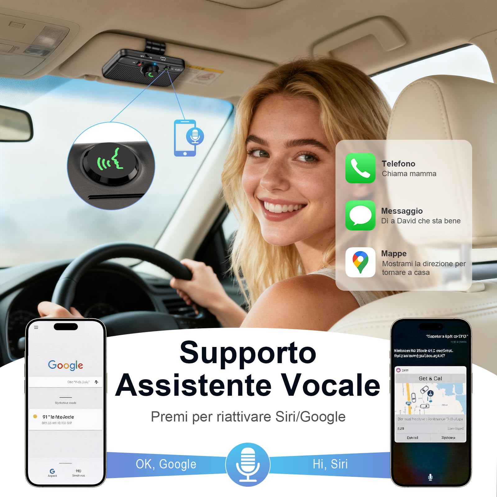 1Mii Kit Vivavoce per Auto Bluetooth 6.0 con Siri Assistente Comandi Vocali di Google Altoparlante, per Chiamate Viva Voce, GPS, Connessione Automatica, Altoparlante da 5W, Connettività Dual Link