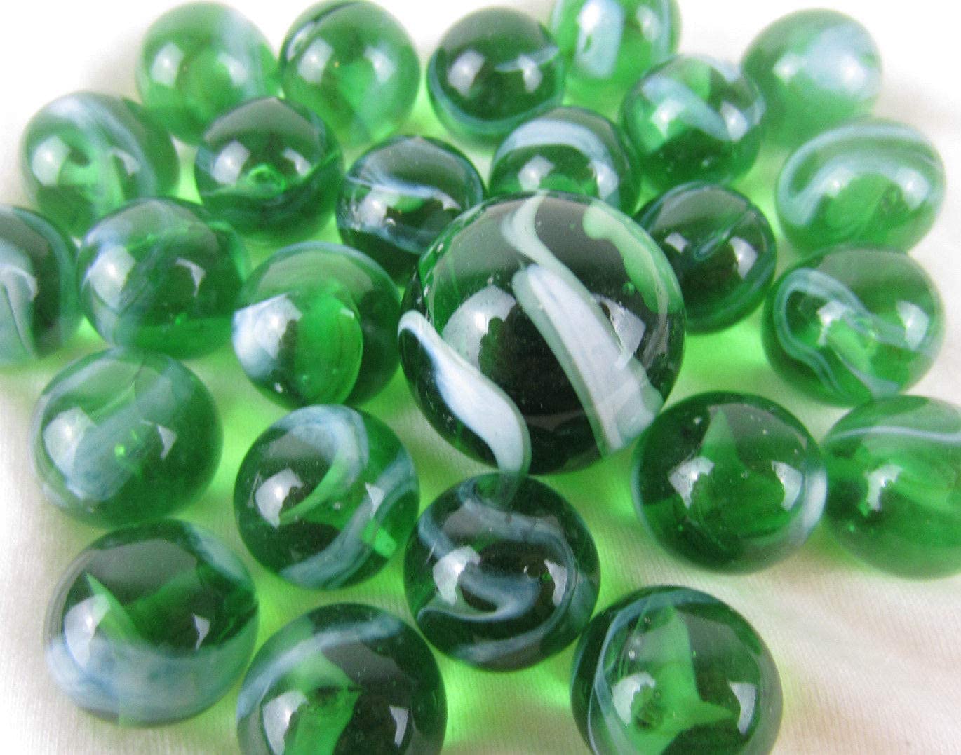 Big Game Toys~25 Glass Marbles Enchanted Forest Translucent Green/White Swirl Classic Style Game Pack (24 Player, 1 Shooter) Home Decor/Vase Filler/Aquarium